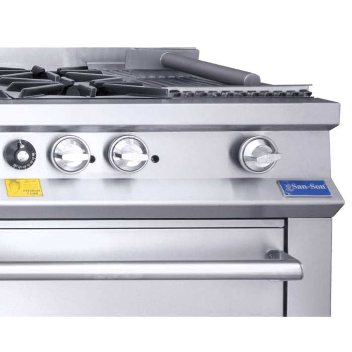 Estufa Maestra a Gas 4 Quemadores, Plancha, Gratinador, Freidor, Asador, Horno, Alacena San-Son SSEM