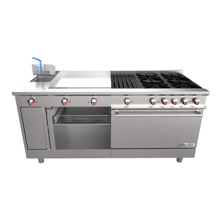 Estufa 4 Quemadores, Horno, Asador de 1 Pie, Plancha de 2 Pies, Freidora y Gratinador Drago UNIVERSAL PD