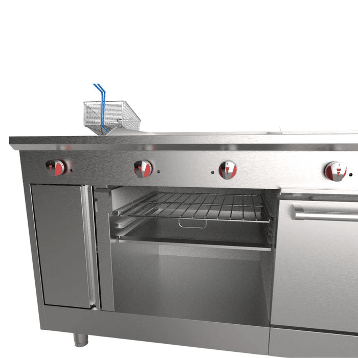 Estufa 4 Quemadores, Horno, Asador de 1 Pie, Plancha de 1.5 Pies, Freidora y Gratinador Drago UNIVERSAL STD