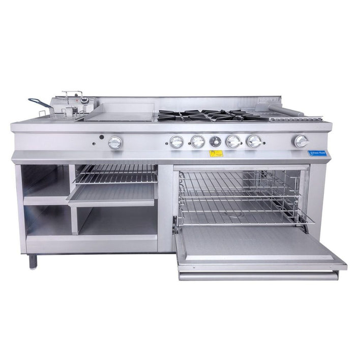 Estufa Maestra a Gas 4 Quemadores, Plancha, Gratinador, Freidor, Asador, Horno, Alacena San-Son SSEM