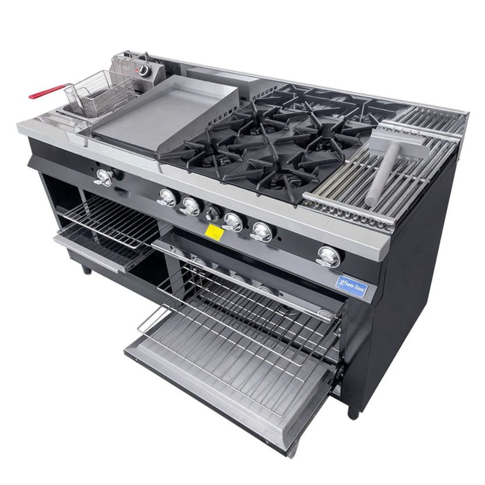 Estufa Maestra Black a Gas 4 Quemadores, Plancha, Gratinador, Freidor, Asador, Horno, Alacena San-Son SSEMB