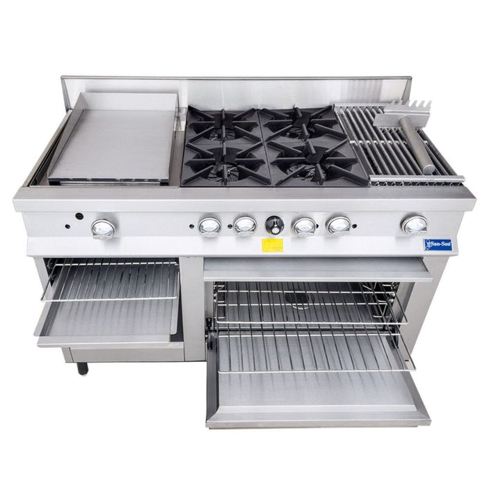 Estufa Compacta a Gas 4 Quemadores, Plancha, Gratinador, Asador, Horno, Alacena San-Son SSEC