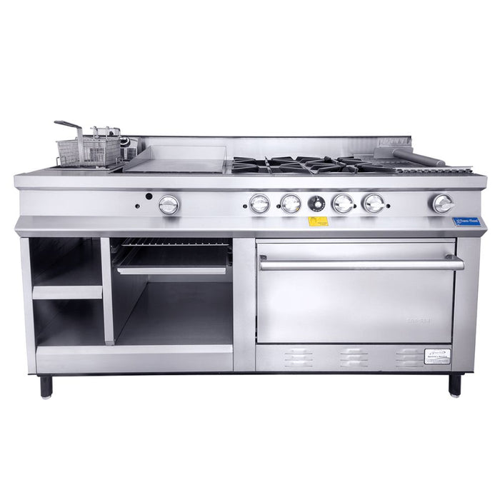 Estufa Maestra a Gas 4 Quemadores, Plancha, Gratinador, Freidor, Asador, Horno, Alacena San-Son SSEM