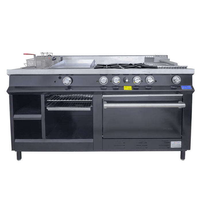 Estufa Maestra Black a Gas 4 Quemadores, Plancha, Gratinador, Freidor, Asador, Horno, Alacena San-Son SSEMB