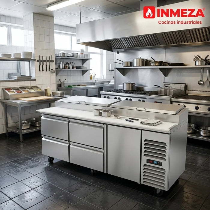 Mesa Refrigerada Para Pizzas Premium 1 Puerta 4 Cajones Acero Inox 30.2 Pies Asber APTP-93-D4 P HC