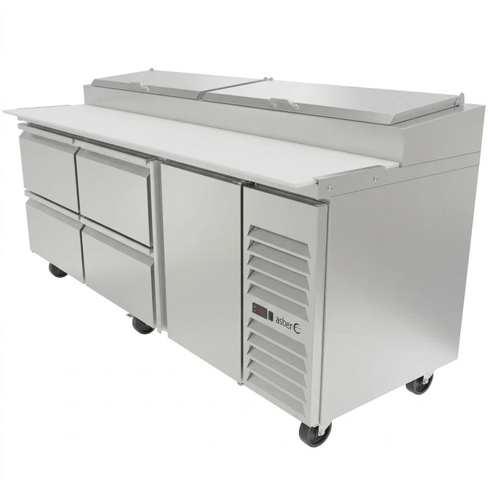 Mesa Refrigerada Para Pizzas Premium 1 Puerta 4 Cajones Acero Inox 30.2 Pies Asber APTP-93-D4 P HC