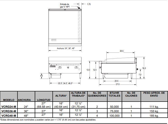 Vulcan / Hobart VCRG36 Plancha Calefactora De Gas en Acero Inoxidable